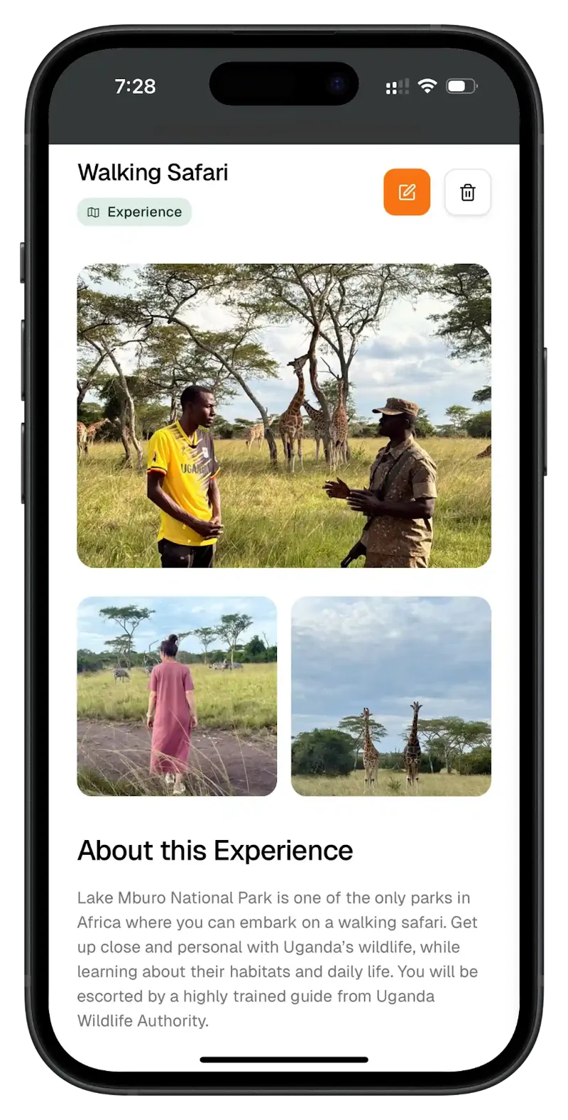 A walking safari experience listed on Equera, shown on a phone