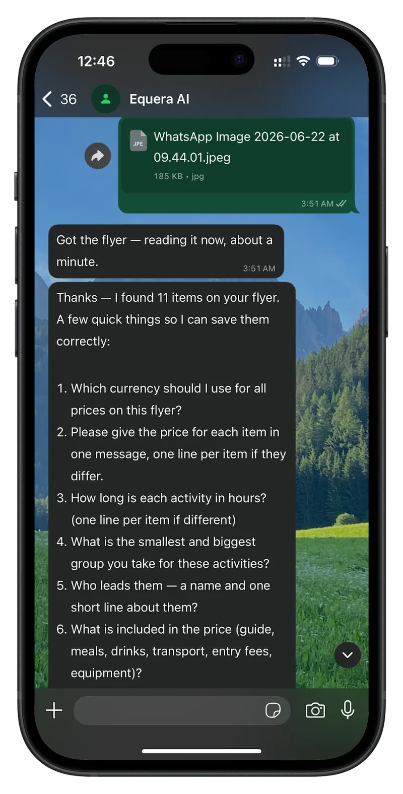 Equera AI reading a flyer and asking onboarding questions over WhatsApp