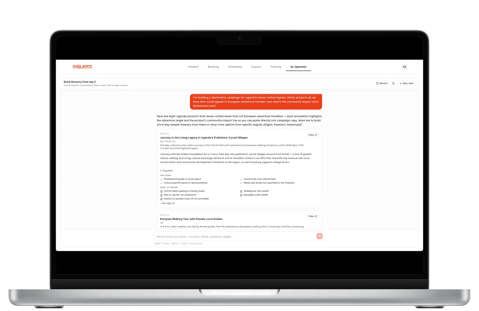 Equera AI Operator answering a sourcing question in the operator portal